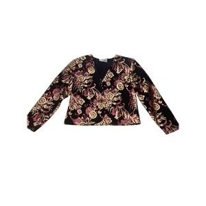 ELLEND Womens Black Floral Brocade V Neck Long Sleeve Cropped Jacket Blazer